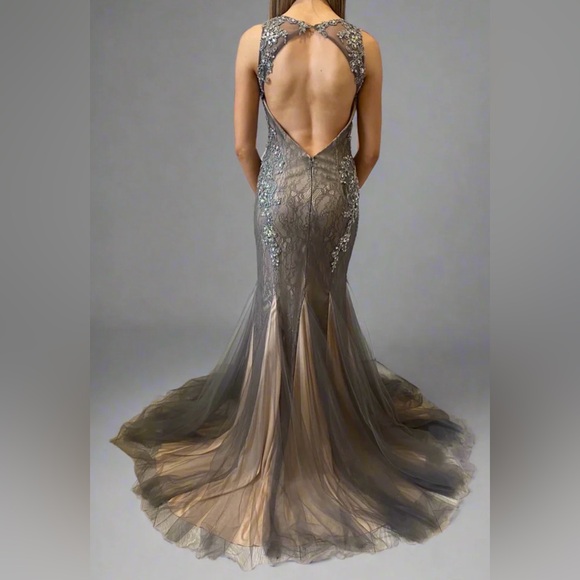 Jovani 98665 prom dress in gunmetal grey. Lace underlay & illusion neckline Sz 6 - Picture 2 of 16